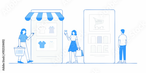 People shopping at virtual stores displayed on mobile phones