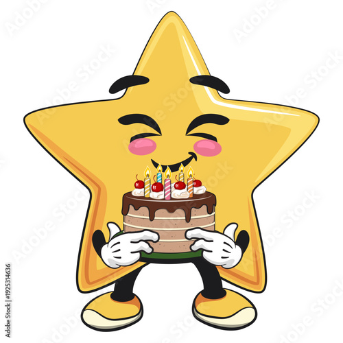cute star mascot character bring a birthday cake, isolated vector illustration, work of hand drawn