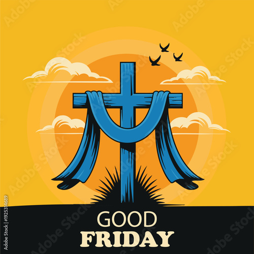 Good friday cross illustration with blue shroud and sunset background for christian easter season