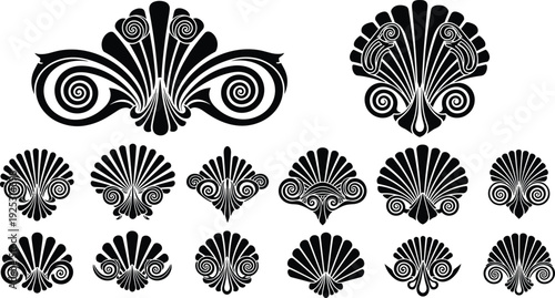 Collection of black decorative silhouette icons featuring elegant fan shaped ornaments shell like flourishes and symmetrical classical architectural elements for vintage branding and graphic design.