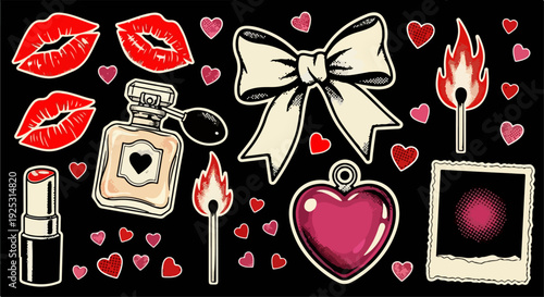 Retro Romance Collage Set with Lipstick Marks, Satin Bow and Vintage Perfume – Bold Limited Color Love Vector Collection