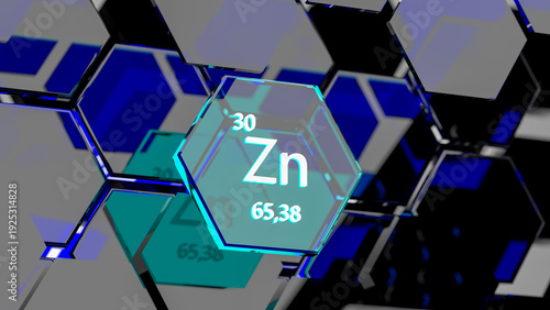 Zinc. Scientific medical research, the effect on human health. The designation of Zinc in the periodic table. 3d rendering