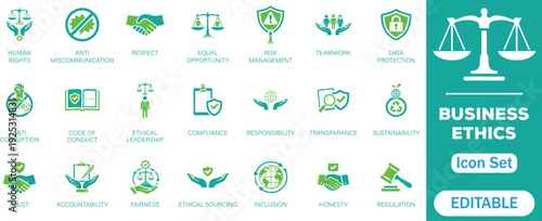 Business ethics solid icon set. Symbols for ethics, anti-corruption, transparency, and ethical leadership in a modern vector icons collection.