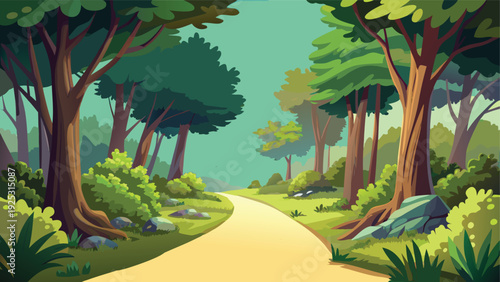 A winding dirt path leads through a lush vibrant forest with tall trees and green foliage