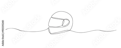 Hand drawn continuous line illustration of a motorcycle helmet. Single line artwork representing safety gear, riding protection, and motorcycling concepts.