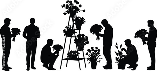 Silhouette florists arranging bouquets, people working in flower shop, creative floral design, professional bouquet making