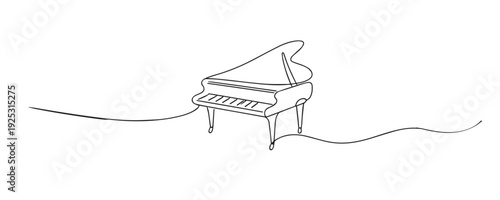 Hand drawn continuous line illustration of a grand piano. Single line artwork representing music, classical instruments, performance, and artistic expression.
