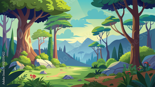 A vibrant stylized landscape depicts lush trees distant mountains and a sunlit clearing high quality professional
