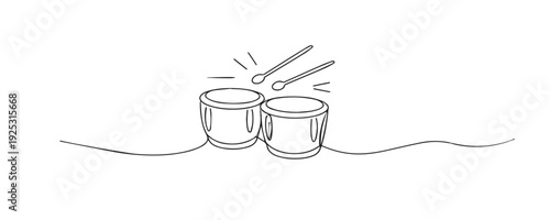 Hand drawn continuous line illustration of percussion drums with drumsticks. Single line artwork representing music rhythm, percussion instruments, and sound performance concepts.