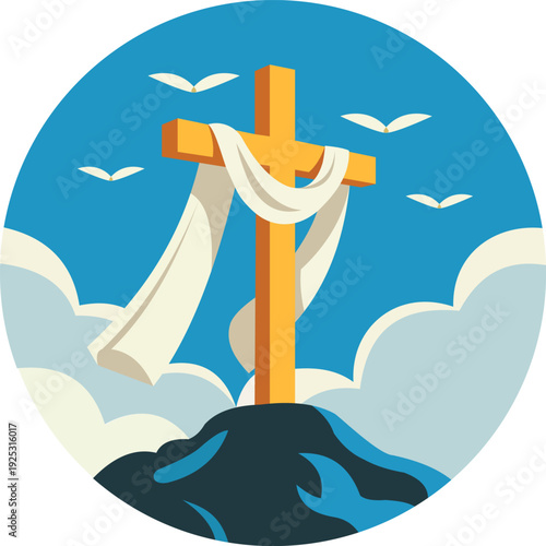 Christian cross on hill with white shroud and birds circle icon for Good Friday and Easter