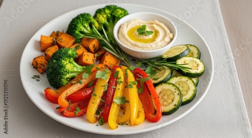 Vibrant vegetable platter with hummus dip