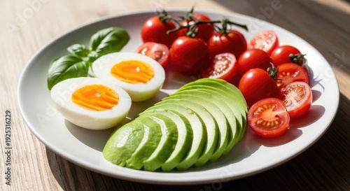 Healthy breakfast plate with avocado eggs and cherry tomatoes