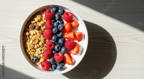 A bowl of fresh mixed berries and granola on a table