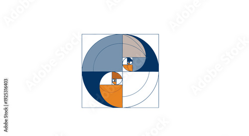 Abstract geometric spiral composition with blue and orange colors on white