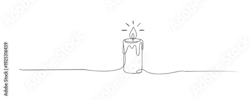 Hand drawn continuous line illustration of a burning candle. Single line artwork representing light, warmth, hope, spirituality, and calm atmosphere concepts.