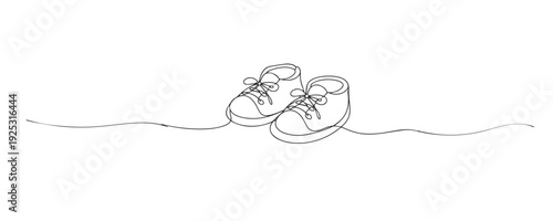 Hand drawn continuous line illustration of baby shoes. Single line artwork representing infancy, newborn care, childhood, and family love concepts.
