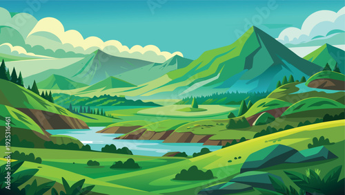 A vibrant stylized landscape depicts lush green mountains a winding river and a peaceful valley