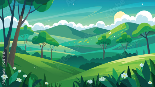 A stylized illustration depicts a vibrant green landscape with rolling hills and a bright sun
