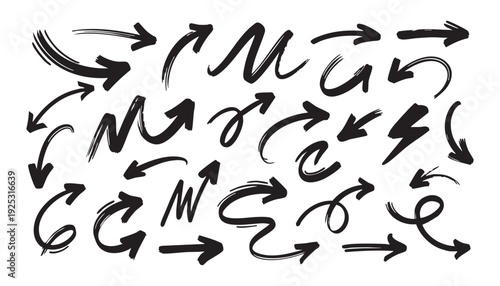 Hand drawn Arrows doodle icons set. Curved cartoon arrows sketches collection. Flat and thin pointers illustrations. Scribble swirl arrow signs.