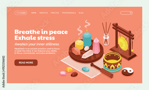 Isometric meditation landing page layout with wellness objects
