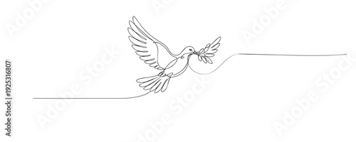 Hand drawn continuous line illustration of a flying dove holding a leaf in its beak. Single line artwork symbolizing peace, freedom, hope, and nature concepts.