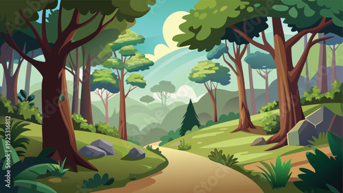 A vibrant illustration depicts a winding path through a lush forest and rolling hills high quality