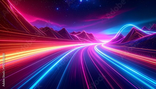 Vibrant Neon Highway Through Mountains - A Futuristic Landscape at Night with Colorful Light Trails.