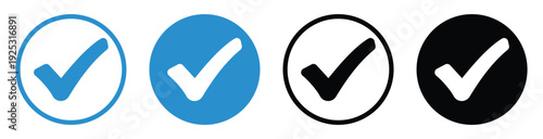 Check mark icons in blue and black circles for confirmation and validation Vector illustration.