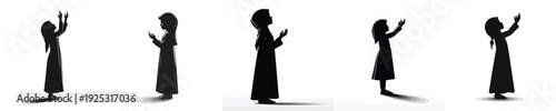 vector silhouette of a Muslim little girl standing praying fornt view side view