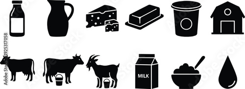 Comprehensive Dairy Products Icon Set Featuring Vector Symbols of Milk Bottles Cheese Butter Yogurt Barn Cow and Goat