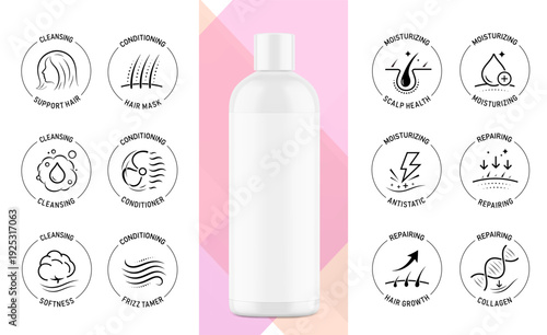 High realistic disc flat top cap bottle mockup with set icons for hair health. Vector illustration on colour background. The outline icons are well scalable and editable. Ready for your design. EPS10.
