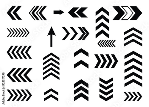Collection of bold black arrow signs and military style chevron symbols Vector illustration.