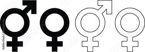 Set of male and female gender symbols in solid black and outline styles isolated on white background for medical or sociological design.