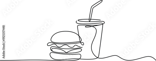 Continuous one line drawing of burger and soda cup with straw isolated on white background for fast food restaurant menu.