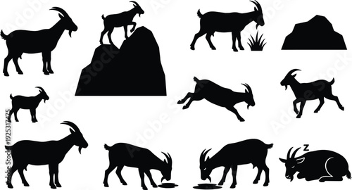 Comprehensive Goat Silhouette Set Featuring Vector Symbols of Mountain Goats Jumping Grazing Climbing Rocks Drinking Water and Sleeping