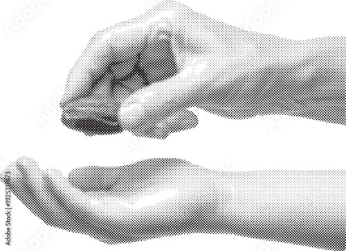 Halftone illustration of a hand pointing upwards in a questioning gesture
