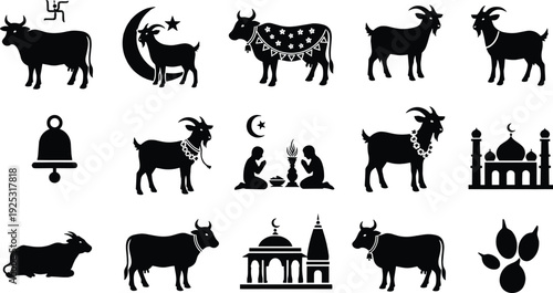 Comprehensive Religious and Cultural Livestock Icon Set Featuring Vector Symbols of Decorated Cow Goat Mosque Temple and Prayers
