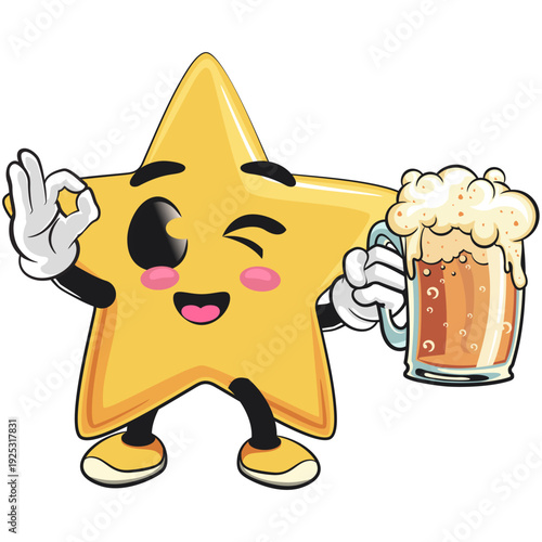 cute star mascot character carrying a large glass of beer while giving a oke sigh, isolated vector illustration, work of hand drawn