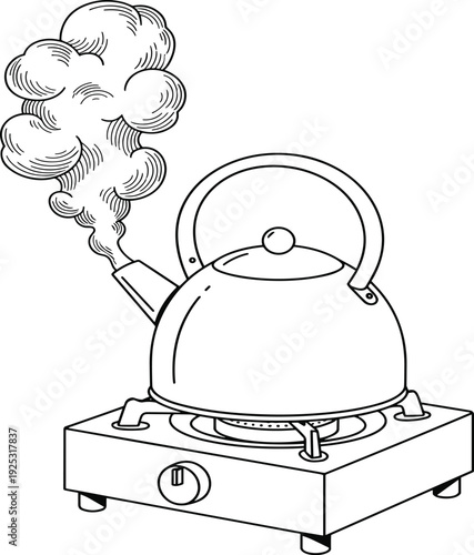 Boiling kettle on gas stove, steam rising, kitchen heat, cooking concept, home appliance, energy transfer, physics, thermodynamics, boiling water