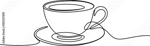 Continuous one line drawing of coffee cup on saucer isolated on white background for cafe menu and minimalist restaurant branding.