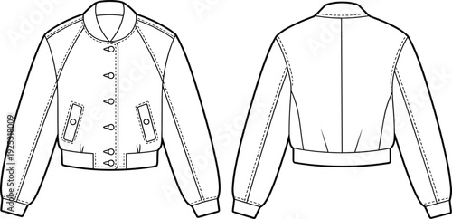 Bomber jacket CAD drawing, technical fashion sketch, flat vector illustration, front and back view, stylish outerwear template for designers