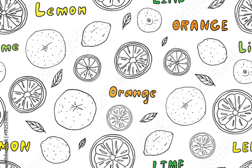 Seamless pattern of citrus fruits. Lemon, lime, orange. Hand drawn.