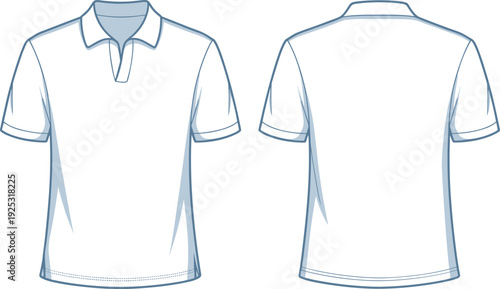 Cad drawing flat vector illustration of white polo shirt template, front and back view, fashion mockup, minimalist clothing design