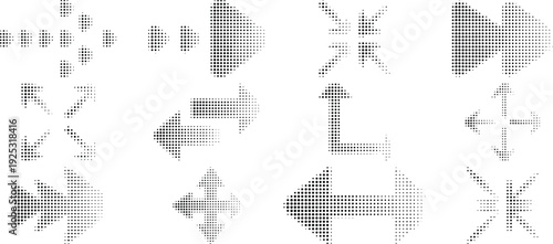 Arrow icon set. Halftone Arrow. Cursor. Black vector arrows icons. Collection different arrows sign. Modern simple arrows. Black arrow pointing to the right 