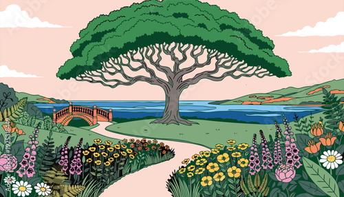 A colorful illustration depicts a large tree overlooking a serene landscape with a winding path