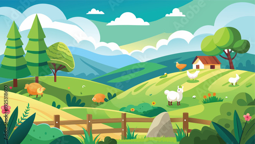 A vibrant cartoon landscape features rolling green hills a small house and various farm animals