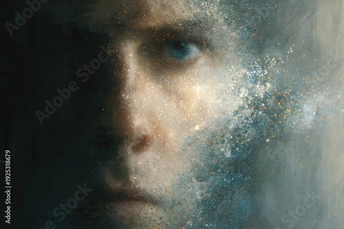 Close up of human face behind textured glass with water droplets and blurred effect, showing emotion and introspection in abstract artistic portrait photography.
