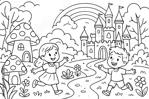 fairytale Magical Wonderland hand drawn vector illustration doodle art line art coloring page for kids