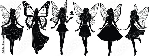 Set of Mystical Fairy Silhouettes with Butterfly Wings Isolated Black Vector Figures of Magical Mythical Creatures for Fantasy Illustration Garden Decor and Graphic Design