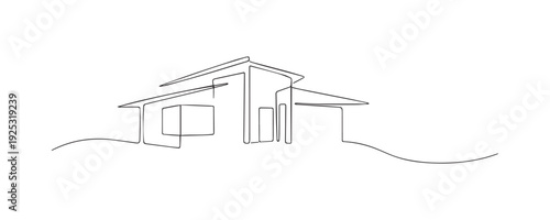Hand drawn continuous line illustration of a modern minimalist house. Single line artwork representing contemporary architecture, home design, simplicity, and urban living.